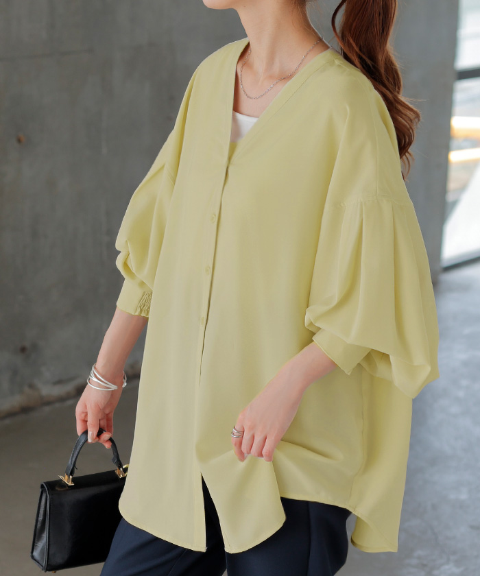 シャツ ぽわん袖 レディース トップス ブラウス ロング ロングシャツ チュニック 長袖 薄手 無地 羽織 ライトアウター Vネック レイヤード ドルマン きれいめ | HUG.U | 03