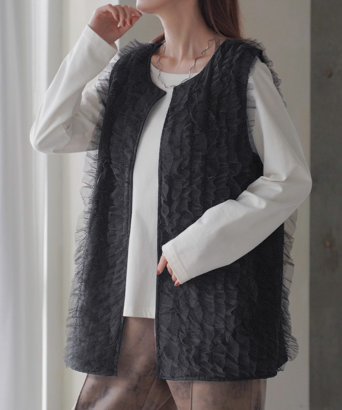 ベスト ジレ レディース チュール トップス レイヤード チュールベスト チュールジレ チュールトップス 前開き 体型カバー 羽織 ノースリーブ | HUG.U | 01