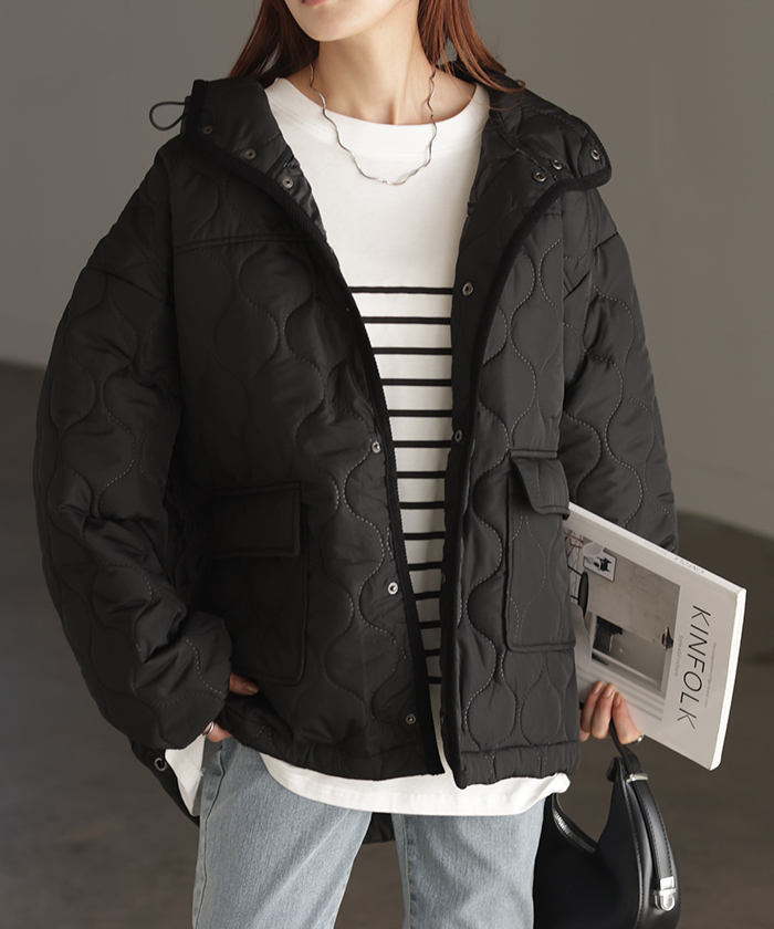 ジャケット キルティング コート レディース アウター ジャンパー キルト フード 無地 刺繍 オーバーサイズ Vネック 中綿 羽織 暖かい ロング ミリタリー | HUG.U | 03