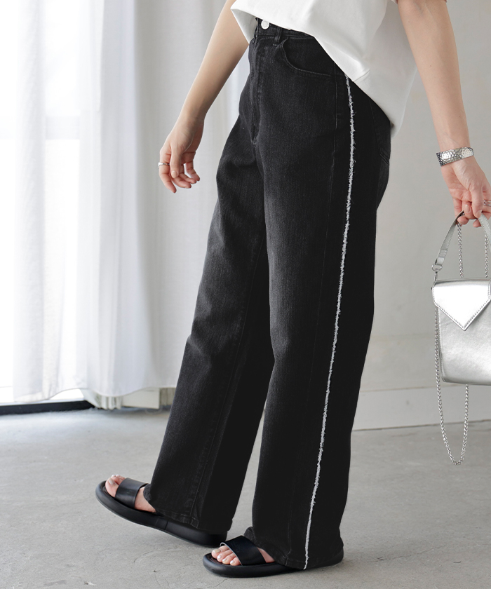 デニム パンツ フリンジ デニムパンツ レディース ワイド ワイドパンツ 大きいサイズ ジーンズ ジーパン 体型カバー ボトムス ストレート ズボン ボトム | HUG.U | 03