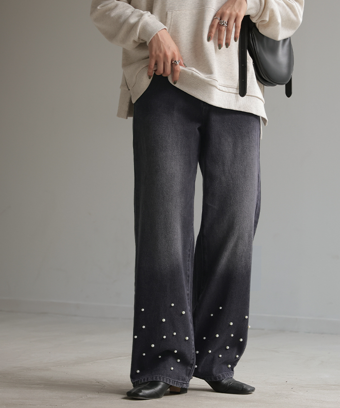 パンツ デニム パール ワイド レディース ボトムス 綿100％ ジーパン ジーンズ ハイウエスト ウエストゴム 無地 コットン100％ 大きいサイズ 体型カバー | HUG.U | 02