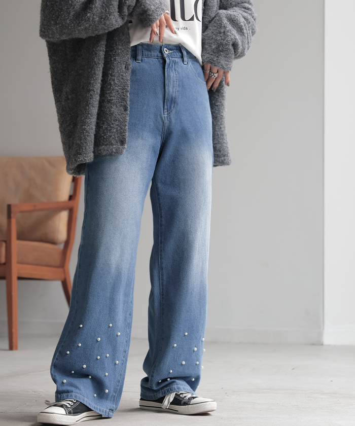 パンツ デニム パール ワイド レディース ボトムス 綿100％ ジーパン ジーンズ ハイウエスト ウエストゴム 無地 コットン100％ 大きいサイズ 体型カバー | HUG.U | 01