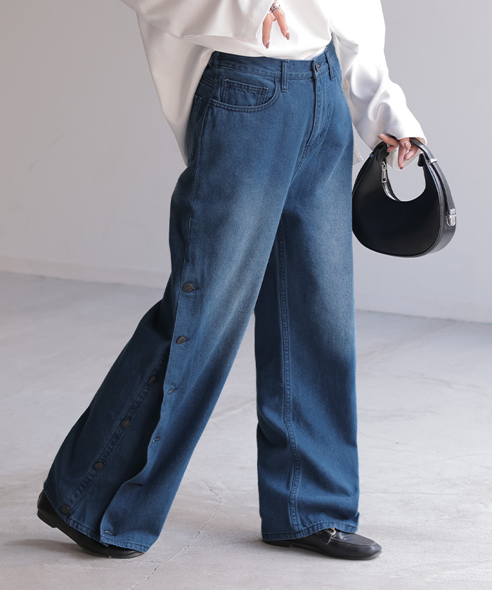 デニム パンツ デニムパンツ レディース ワイドパンツ ワイド ジーンズ ジーパン 体型カバー ボトムス ボトム ストレート ロング ロングパンツ ズボン ゆったり | HUG.U | 01