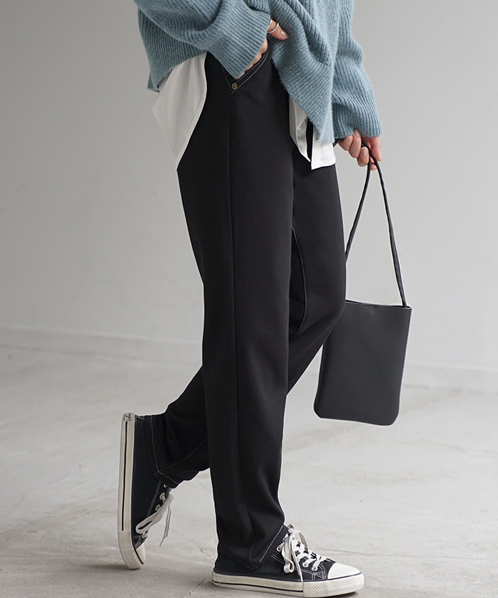 パンツ デニム 風 ニット テーパード レディース テーパードパンツ ワイド ワイドパンツ ロング ロングパンツ 体型カバー ボトムス ストレート ズボン ゆったり | HUG.U | 04