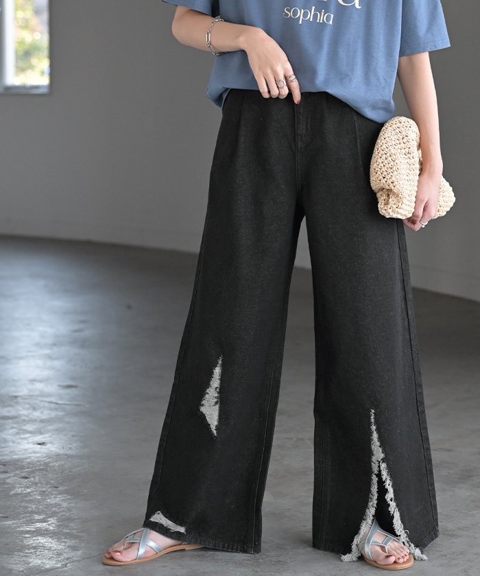 パンツ デニム ワイド 綿100 レディース ロング 長め ボトムス ダメージ 加工 ハイウエスト デニムパンツ 無地 ジーパン | HUG.U | 04