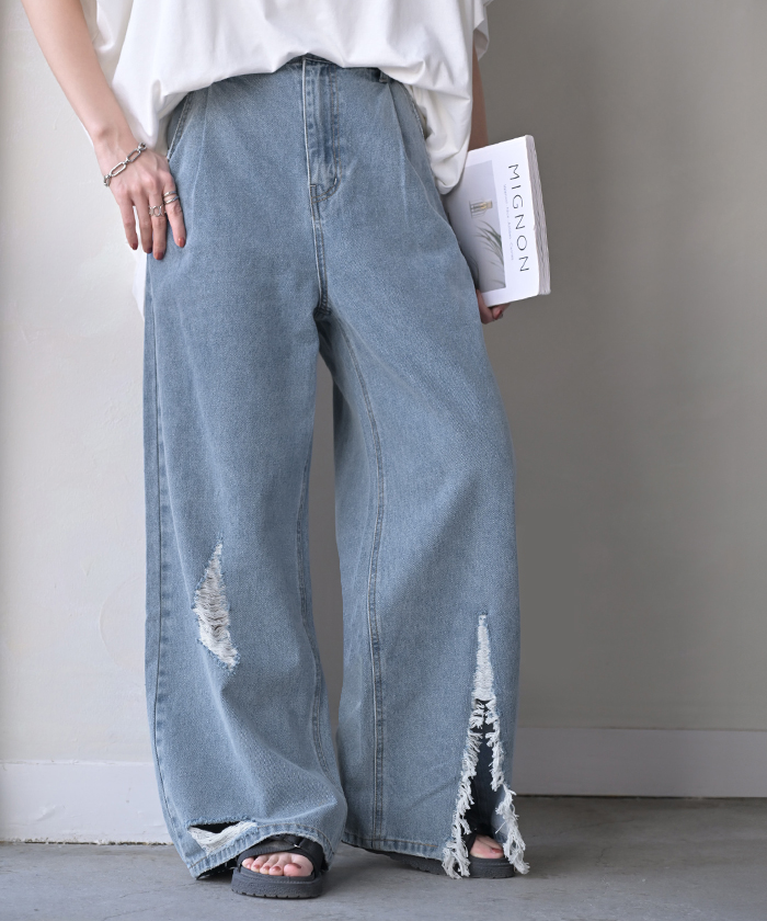 HUG.U（ハグユー） パンツ デニム ワイド 綿100 レディース ロング