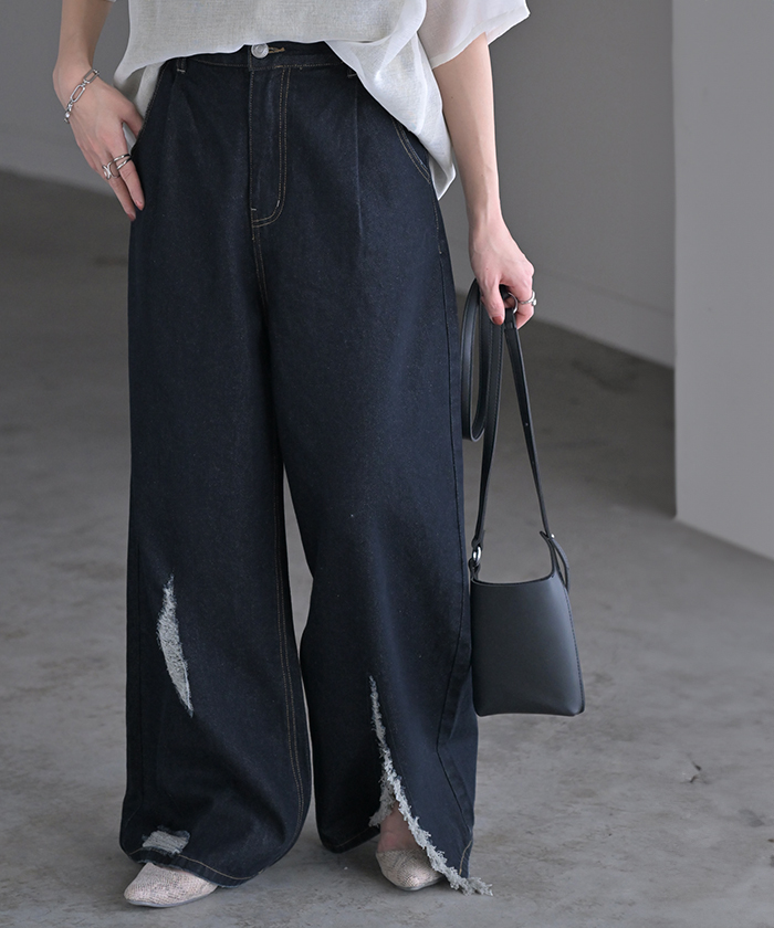 パンツ デニム ワイド 綿100 レディース ロング 長め ボトムス ダメージ 加工 ハイウエスト デニムパンツ 無地 ジーパン | HUG.U | 02