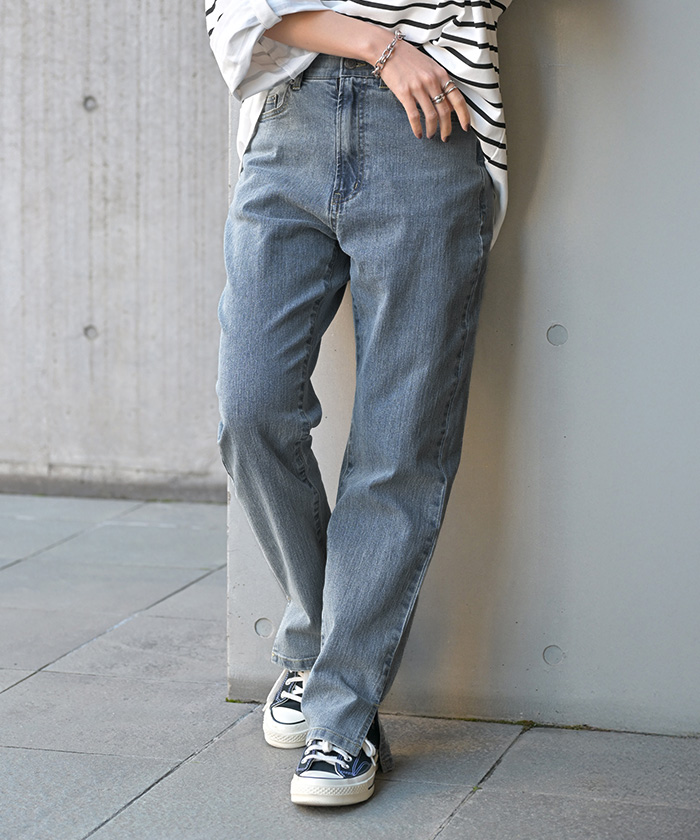 デニム パンツ デニムパンツ レディース ワイド ジーンズ ジーパン 体型カバー ボトムス ボトム ストレート | HUG.U | 02