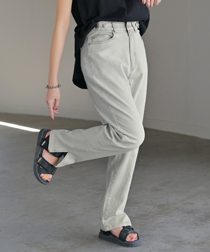 デニム パンツ デニムパンツ レディース ワイド ジーンズ ジーパン 体型カバー ボトムス ボトム ストレート | HUG.U | 01