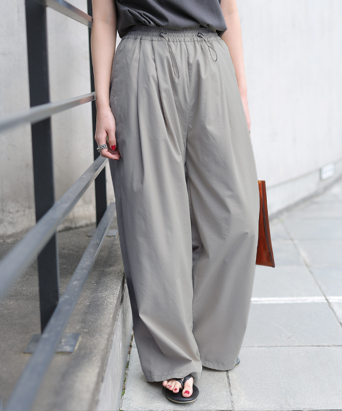 パンツ ナイロン 混 ワイドパンツ レディース ワイド ロング ボトムス ボトム ハイウエスト ズボン ずぼん ロングパンツ | HUG.U | 03