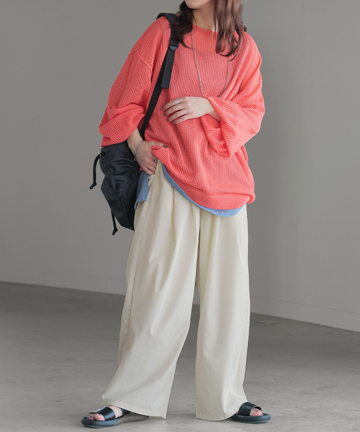 パンツ ナイロン 混 ワイドパンツ レディース ワイド ロング ボトムス ボトム ハイウエスト ズボン ずぼん ロングパンツ | HUG.U | 01