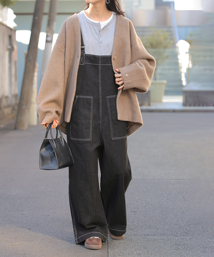 サロペット デニム レディース サロペ パンツ ロング ロングパンツ ノースリーブ オーバー オーバーオール | HUG.U | 05