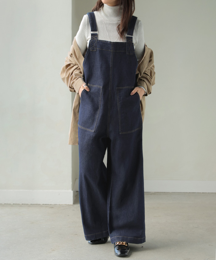 サロペット デニム レディース サロペ パンツ ロング ロングパンツ ノースリーブ オーバー オーバーオール | HUG.U | 04