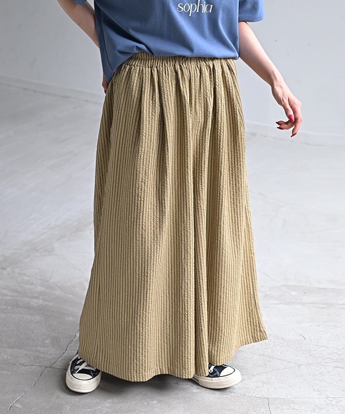 パンツ ワイド ストライプ レディース ワイドパンツ ロング ロングパンツ 体型カバー ボトムス ボトム ストレート | HUG.U | 01