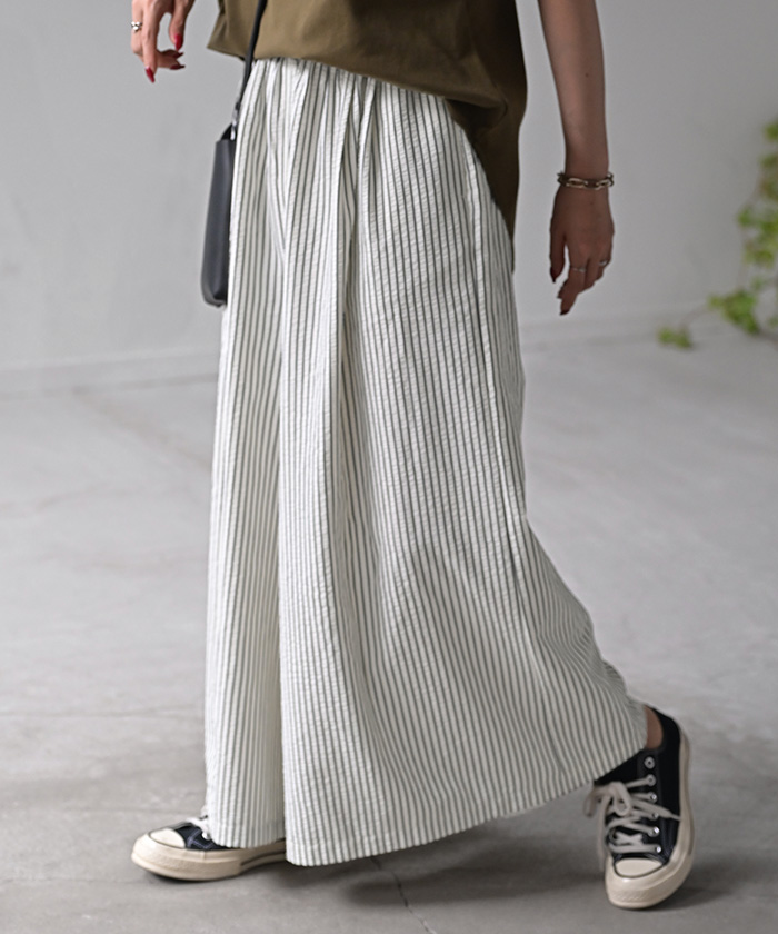 パンツ ワイド ストライプ レディース ワイドパンツ ロング ロングパンツ 体型カバー ボトムス ボトム ストレート | HUG.U | 02