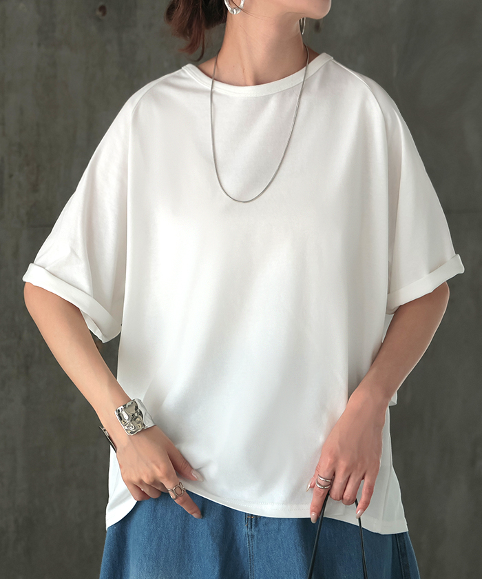 Tシャツ 接触 冷感 トップス レディース 半袖 カットソー ジャスト丈 フレア ミドル ドッキング 変形 ティーシャツ クルーネック ドルマン ドルマンスリーブ | HUG.U | 01
