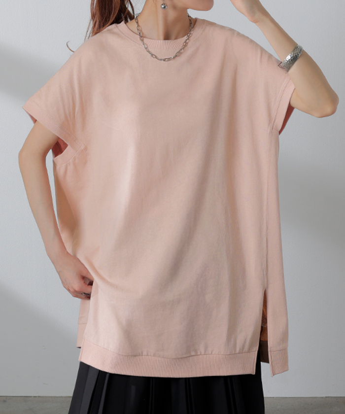 Tシャツ 綿100％ レディース トップス 半袖 カットソー ロング ティーシャツ チュニック ビッグ プラスサイズ クルーネック レイヤード 長い ゆったり 天竺 | HUG.U | 03