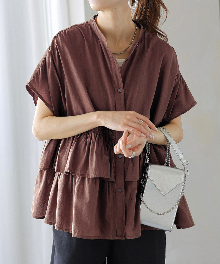 シャツ ノーカラー 綿100％ フリル トップス レディース バンドカラー ブラウス ロング ロングシャツ チュニック | HUG.U | 02