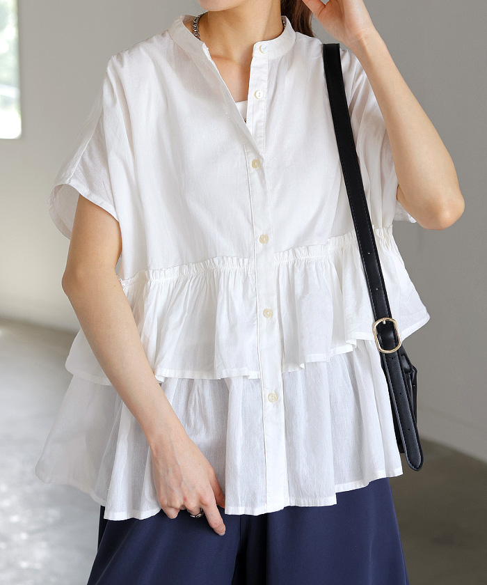 シャツ ノーカラー 綿100％ フリル トップス レディース バンドカラー ブラウス ロング ロングシャツ チュニック | HUG.U | 01