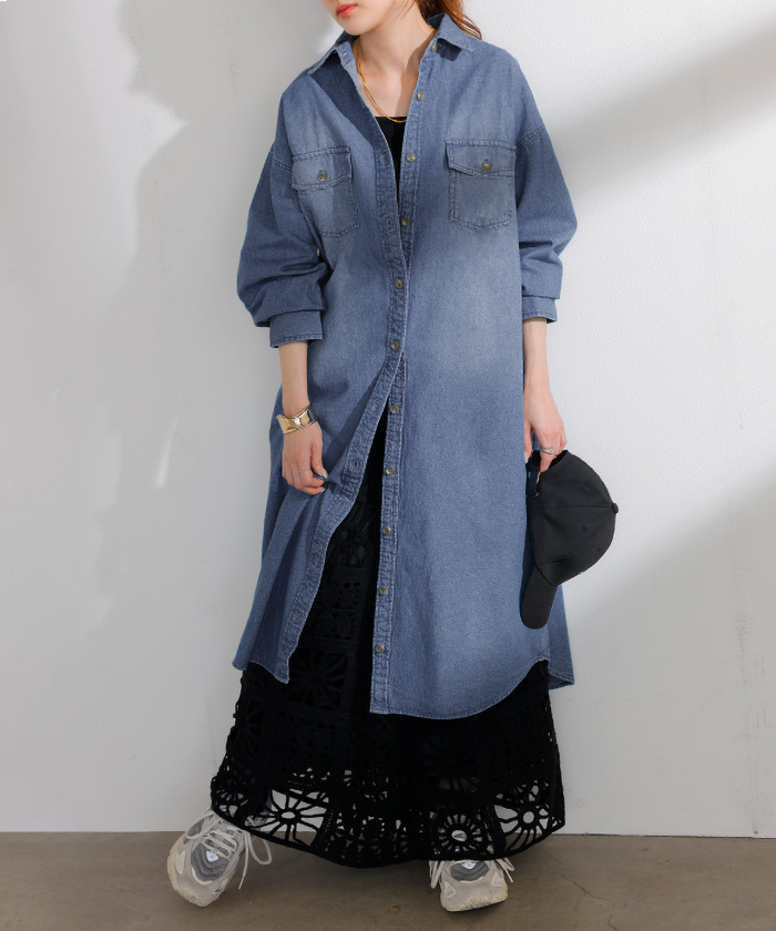 ワンピース シャツ デニム シャツワンピ レディース デニムワンピ シャツワンピース レイヤード 長袖 ロング ロングワンピース Aライン ワンピ | HUG.U | 01