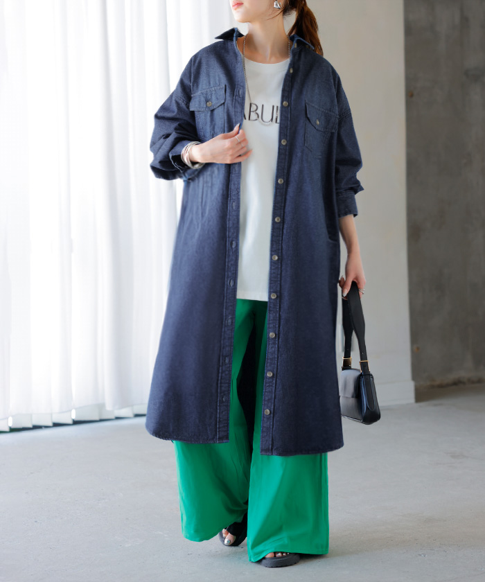 ワンピース シャツ デニム シャツワンピ レディース デニムワンピ シャツワンピース レイヤード 長袖 ロング ロングワンピース Aライン ワンピ | HUG.U | 02