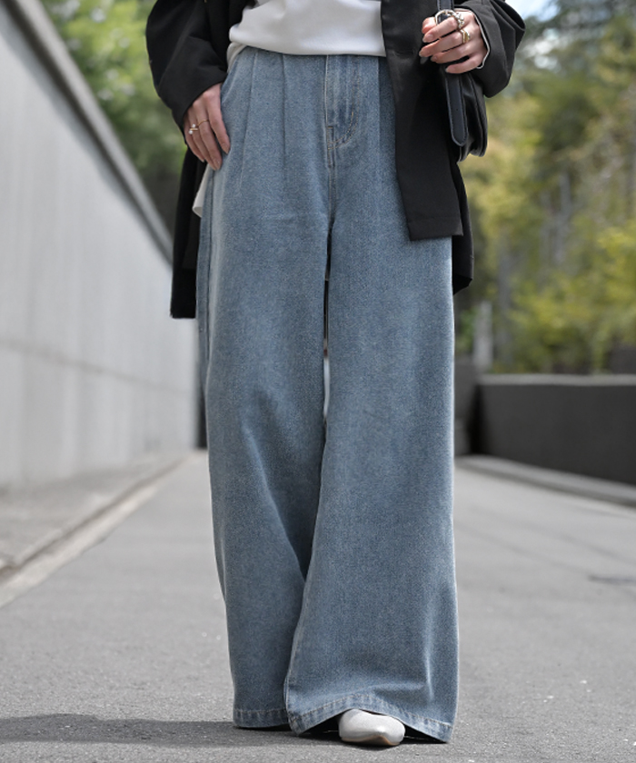 デニム タック パンツ デニムパンツ レディース ワイドパンツ ワイド ジーンズ ジーパン タックパンツ 体型カバー ボトムス ボトム | HUG.U | 01