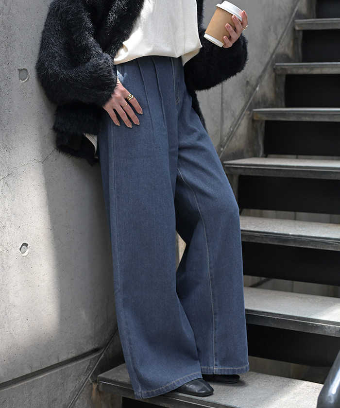 デニム タック パンツ デニムパンツ レディース ワイドパンツ ワイド ジーンズ ジーパン タックパンツ 体型カバー ボトムス ボトム | HUG.U | 02