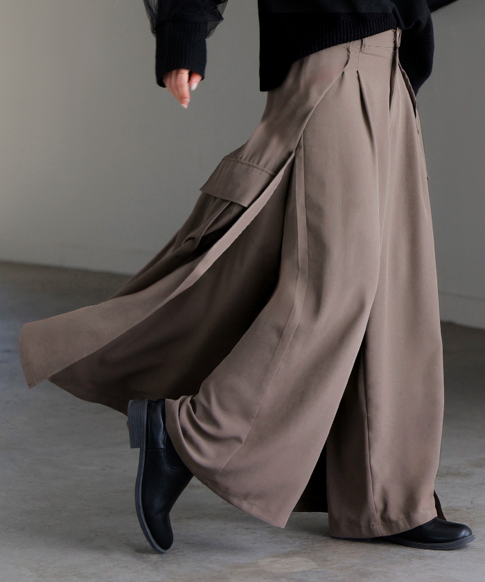 パンツ スカパン 体型カバー ワイド レディース ワイドパンツ カーゴパンツ ウエストゴム スカート ロング | HUG.U | 01