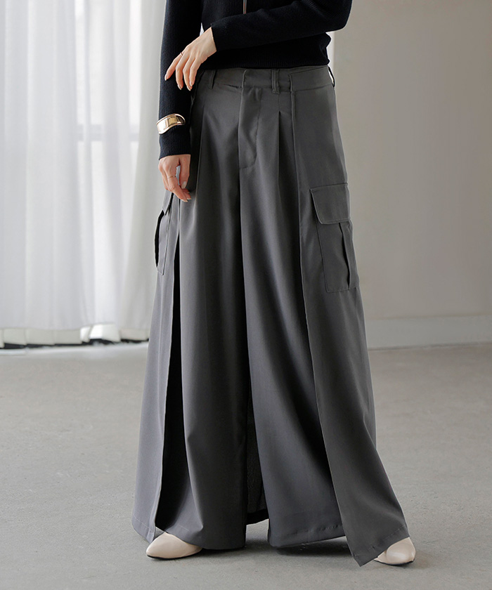 パンツ スカパン 体型カバー ワイド レディース ワイドパンツ カーゴパンツ ウエストゴム スカート ロング | HUG.U | 02