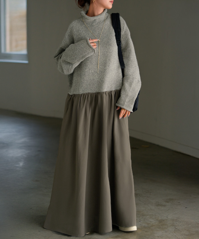 ワンピース ニット ドッキング レディース ワンピ ロング セーター ニットワンピース ニットワンピ | HUG.U | 01