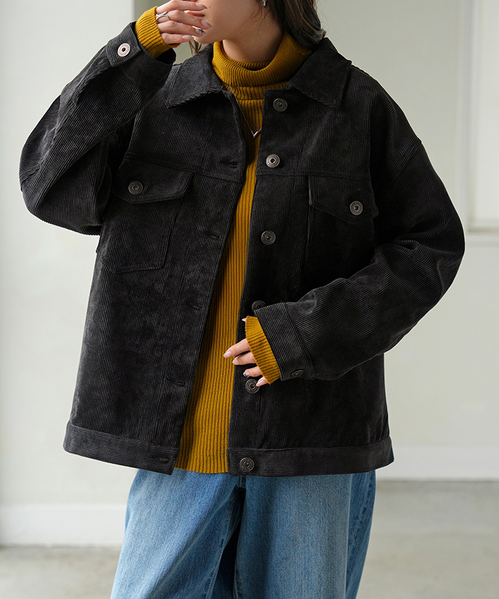 アウター ジャケット コーデュロイ レディース コート ブルゾン 襟 無地 長袖 羽織 コーデュロイジャケット チュニック オープンカラー ポケット | HUG.U | 03