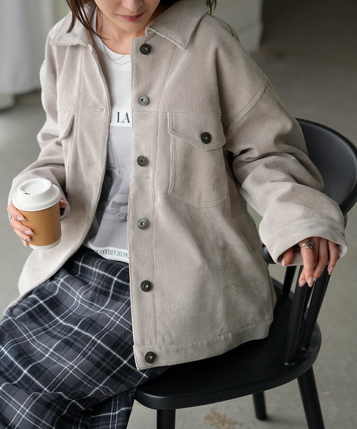 アウター ジャケット コーデュロイ レディース コート ブルゾン 襟 無地 長袖 羽織 コーデュロイジャケット チュニック オープンカラー ポケット | HUG.U | 01