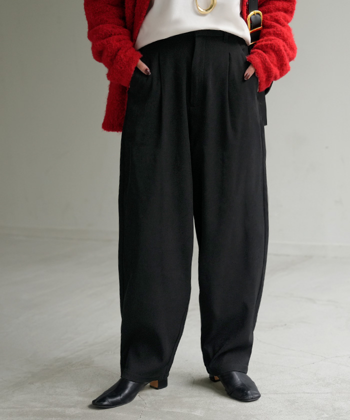 パンツ 裏起毛 コクーン レディース ワイド ワイドパンツ ロング ロングパンツ テーパードパンツ スラックス 微起毛 タック 体型カバー | HUG.U | 03