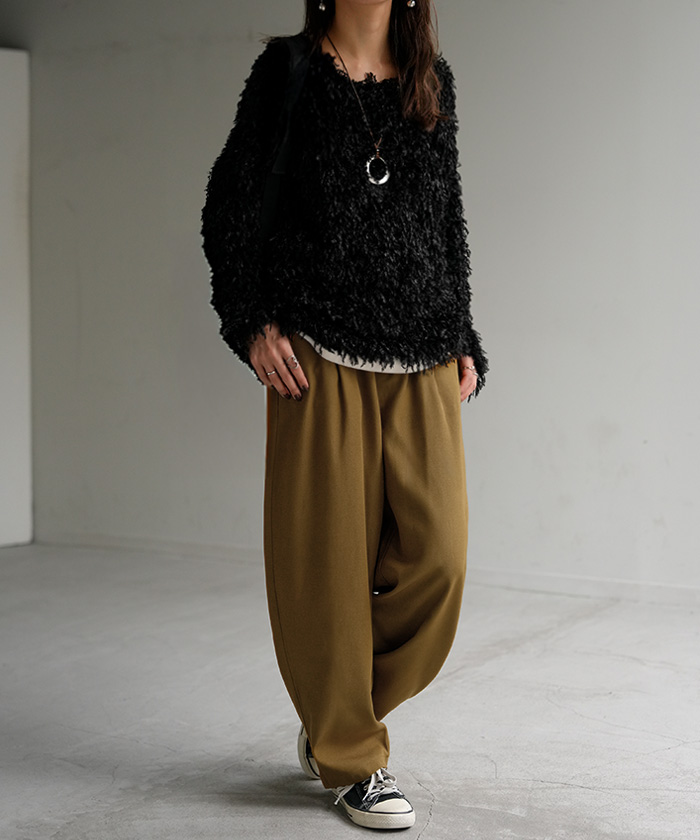 パンツ 裏起毛 コクーン レディース ワイド ワイドパンツ ロング ロングパンツ テーパードパンツ スラックス 微起毛 タック 体型カバー | HUG.U | 01