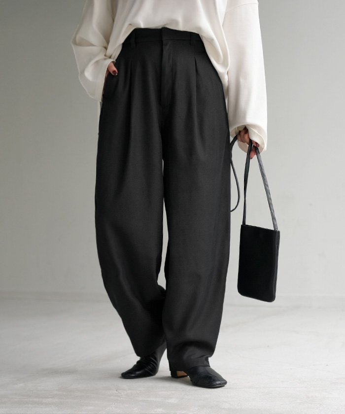 パンツ 裏起毛 コクーン レディース ワイド ワイドパンツ ロング ロングパンツ テーパードパンツ スラックス 微起毛 タック 体型カバー | HUG.U | 02