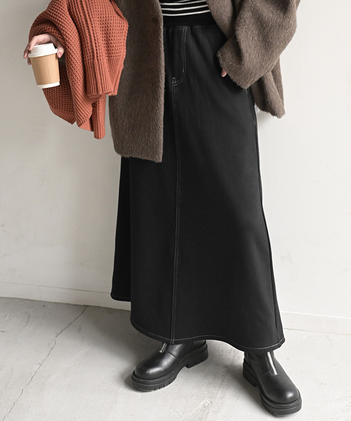 スカート ロング デニム ライク 裏起毛 レディース ロングスカート デニムスカート Aライン 裏ボア デニム風 スウェット ボトムス ボトム マキシ マキシスカート | HUG.U | 04