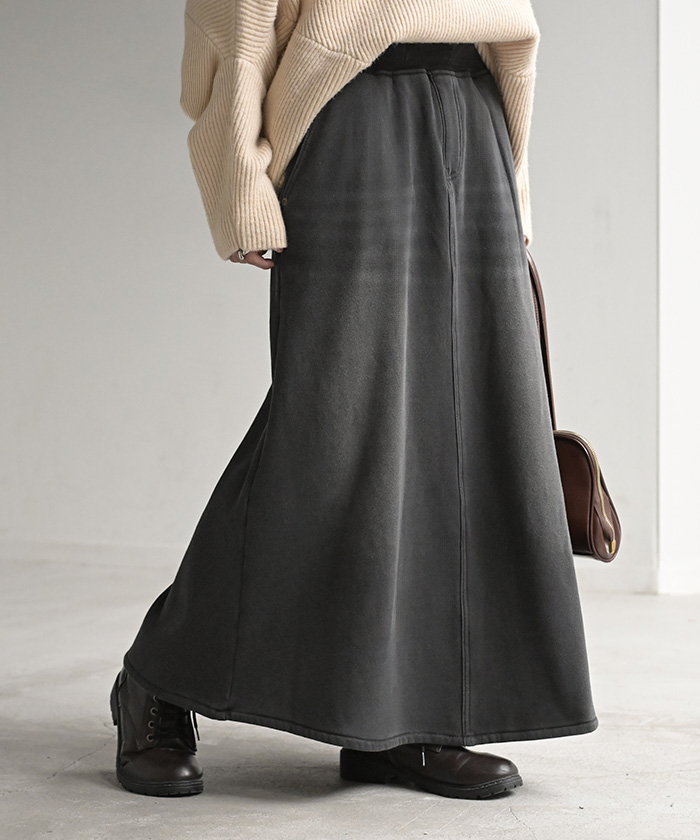 スカート ロング デニム ライク 裏起毛 レディース ロングスカート デニムスカート Aライン 裏ボア デニム風 スウェット ボトムス ボトム マキシ マキシスカート | HUG.U | 01