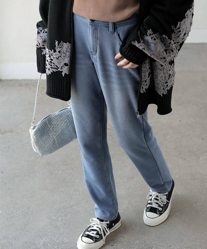 パンツ デニム風 裏シャギー 極暖 レディース スキニー ロング ジーンズ風 デニムライク ジーパン スウェット 裏起毛 ボトムス ボトム | HUG.U | 01