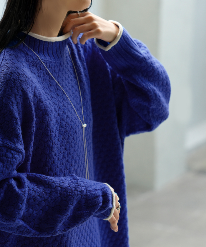 ニット 洗える トップス 配色 ポップコーン編み バイカラー レディース ロング セーター オーバー プルオーバー プチハイネック 長袖 透け感 チクチクしない | HUG.U | 02