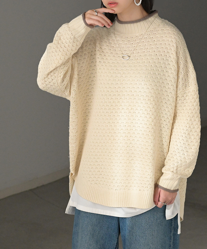 ニット 洗える トップス 配色 ポップコーン編み バイカラー レディース ロング セーター オーバー プルオーバー プチハイネック 長袖 透け感 チクチクしない | HUG.U | 01