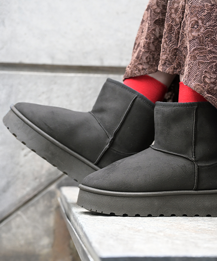 ブーツ ムートン 風 ショート丈 23.0cm 24.5cm 厚底 レディース 靴 撥水 ムートンブーツ 厚底ブーツ シューズ あったか スウェード カジュアル くつ | HUG.U | 02