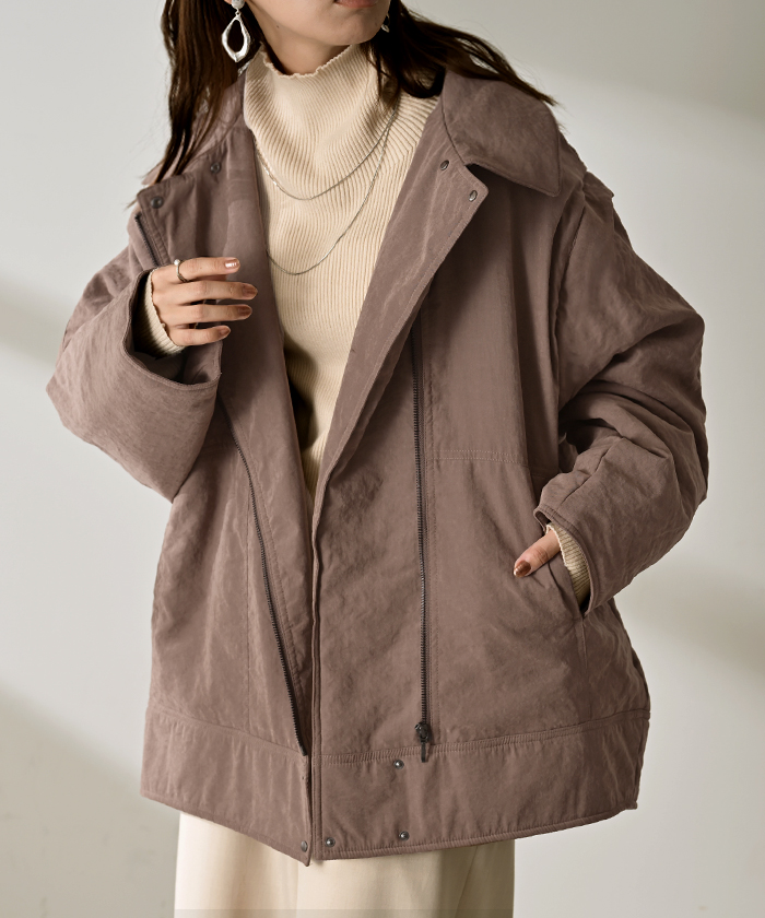 アウター ベスト 2way 中綿 レディース 中綿ジャケット 中綿コート 中綿ベスト ロング パーカー ジャケット ブルゾン オーバー ライダース コート ジレ | HUG.U | 02