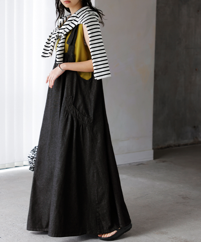 ジャンパースカート デニム ジャンスカ ワンピース レディース サロペット ノースリーブ オーバーオール 軽量 ロング フレア 体型カバー ギャザー 軽い 柔らかい | HUG.U | 03