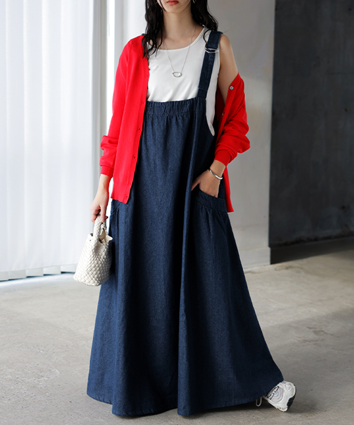 ジャンパースカート デニム ジャンスカ ワンピース レディース サロペット ノースリーブ オーバーオール 軽量 ロング フレア 体型カバー ギャザー 軽い 柔らかい | HUG.U | 02