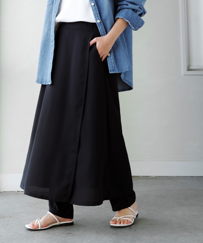 パンツ スカート レディース ボトムス スカパン フレア ラップスカート風 重ね着風 レイヤード 体型カバー ワイドパンツ ズボン ウエストゴム シワになりにくい | HUG.U | 03