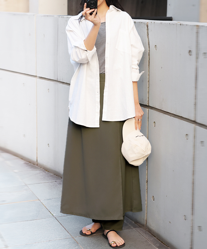 パンツ スカート レディース ボトムス スカパン フレア ラップスカート風 重ね着風 レイヤード 体型カバー ワイドパンツ ズボン ウエストゴム シワになりにくい | HUG.U | 01