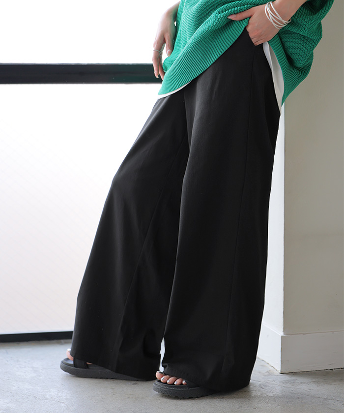 パンツ ロング ワイド ハイストレッチ レディース ワイドパンツ ロングパンツ ボトムス ボトム ストレート ズボン ハイウエスト ウエストゴム | HUG.U | 03