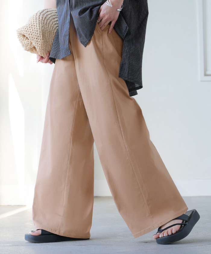 パンツ ロング ワイド ハイストレッチ レディース ワイドパンツ ロングパンツ ボトムス ボトム ストレート ズボン ハイウエスト ウエストゴム | HUG.U | 02