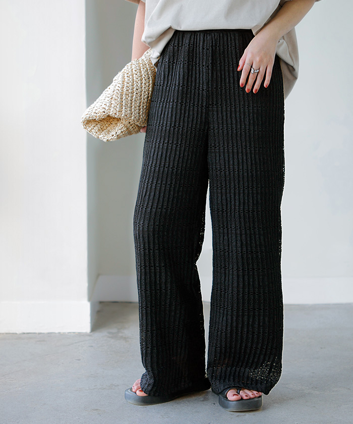 パンツ レース レディース ワイド ワイドパンツ レースパンツ プリーツ プリーツパンツ ロング ロングパンツ ゴム ボトムス ストレート 透かし編み ニット | HUG.U | 02