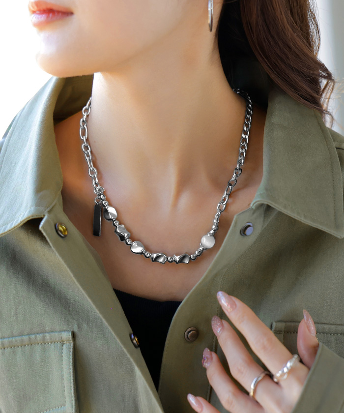 ネックレス サージカルステンレス チェーン ストーン ビース レディース アクセサリー アクセ シルバー 銀 不揃い モチーフ 異素材 MIX 錆びにくい | HUG.U | 01